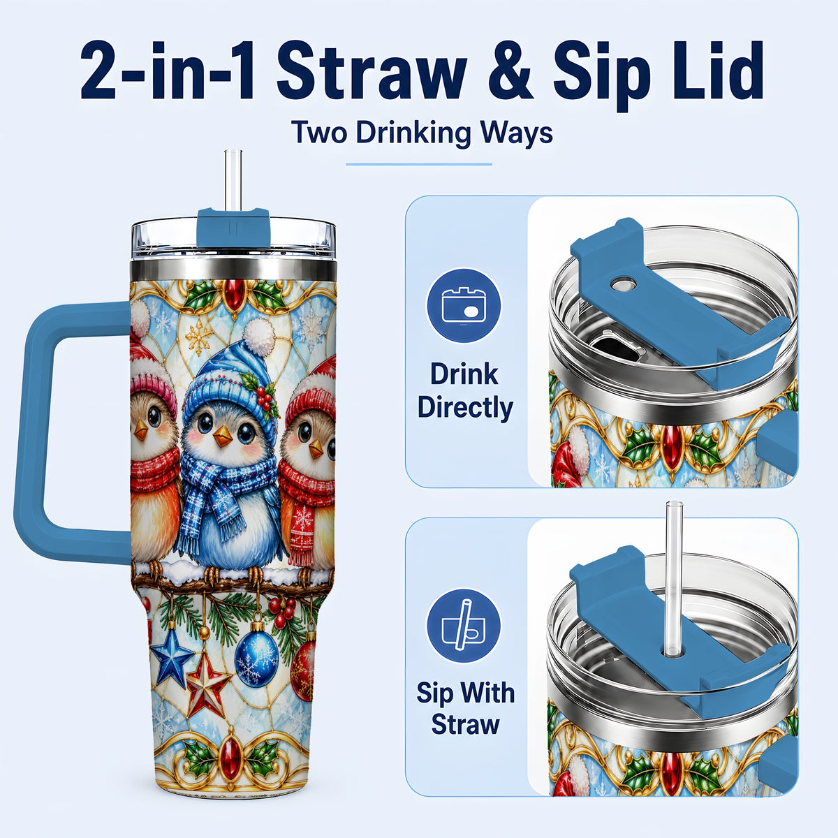 #pl[40oz|Blue] Christmas Owl 40oz Tumbler with Handle, Winter Bird Travel Cup