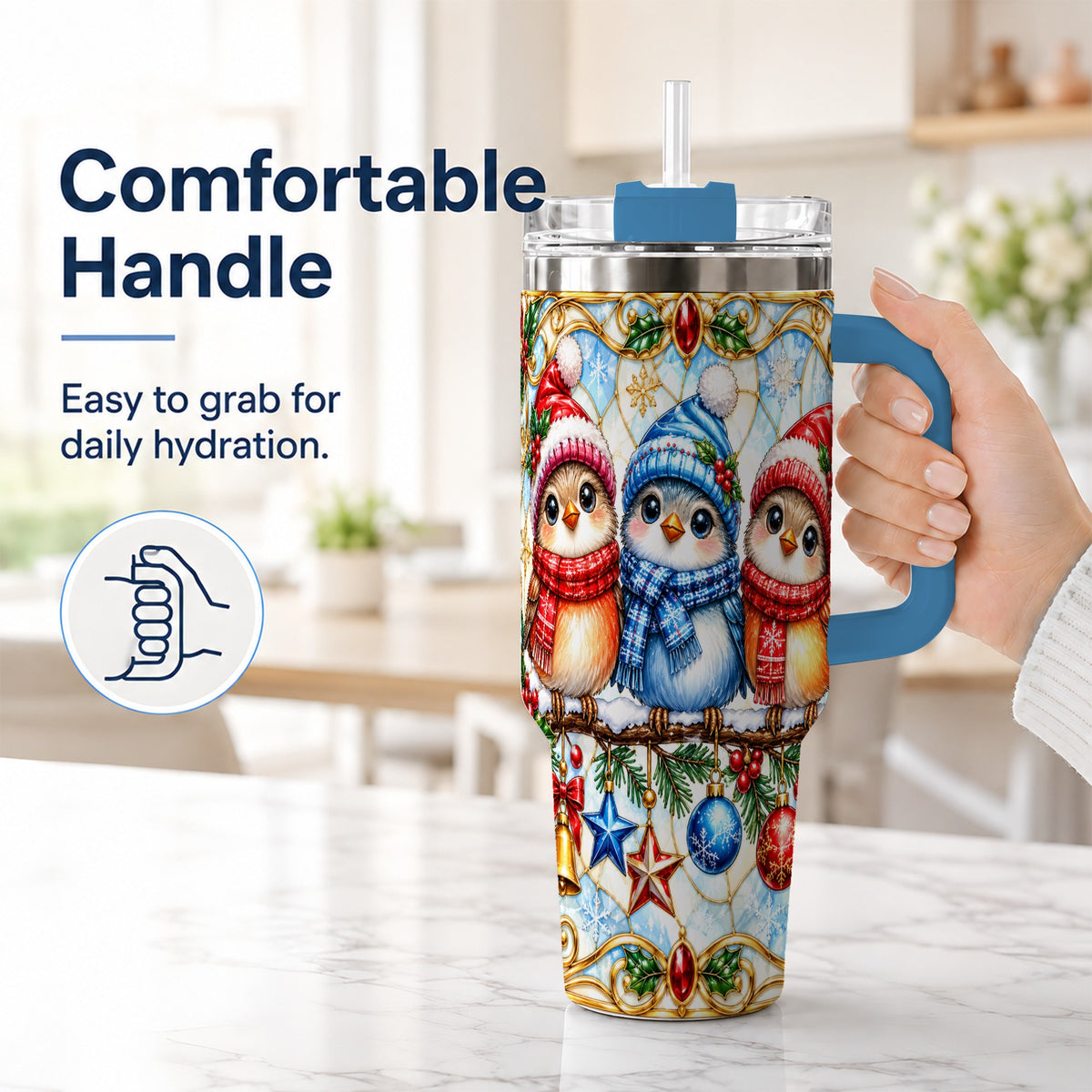 #pl[40oz|Blue] Christmas Owl 40oz Tumbler with Handle, Winter Bird Travel Cup