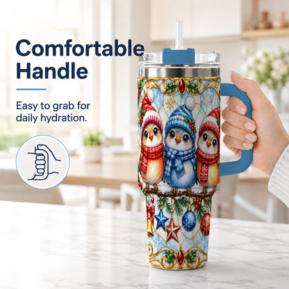 #pl[40oz|Blue] Christmas Owl 40oz Tumbler with Handle, Winter Bird Travel Cup