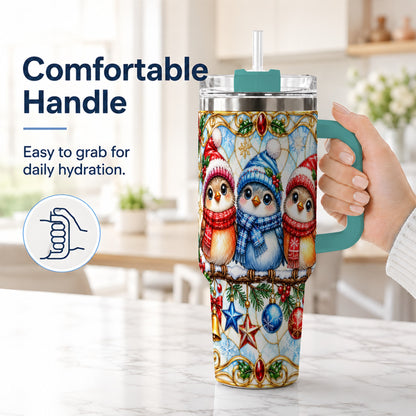 #pl[40oz|Green] Christmas Owl 40oz Tumbler with Handle, Winter Bird Travel Cup