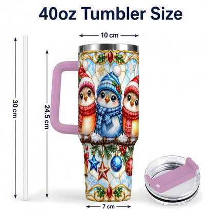 #pl[40oz|Pink] Christmas Owl 40oz Tumbler with Handle, Winter Bird Travel Cup
