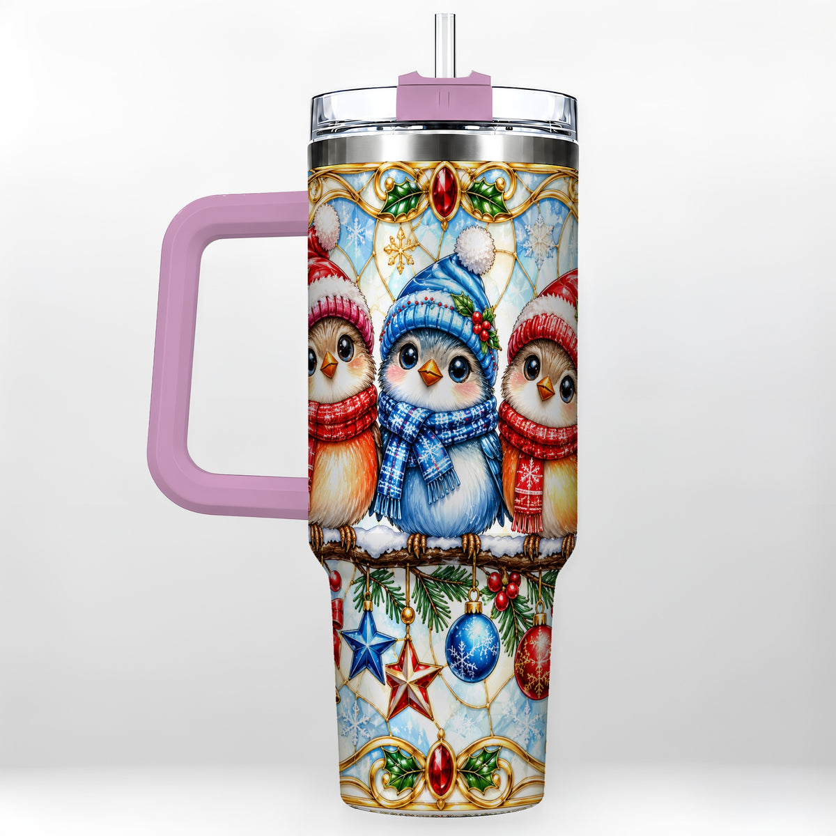 #pl[40oz|Pink] Christmas Owl 40oz Tumbler with Handle, Winter Bird Travel Cup