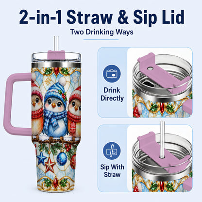 #pl[40oz|Pink] Christmas Owl 40oz Tumbler with Handle, Winter Bird Travel Cup
