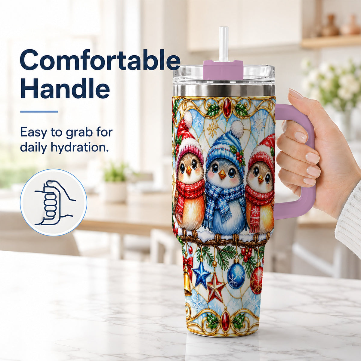 #pl[40oz|Pink] Christmas Owl 40oz Tumbler with Handle, Winter Bird Travel Cup