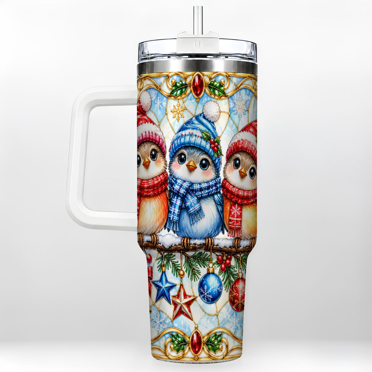 Christmas Owl 40oz Tumbler with Handle, Winter Bird Travel Cup