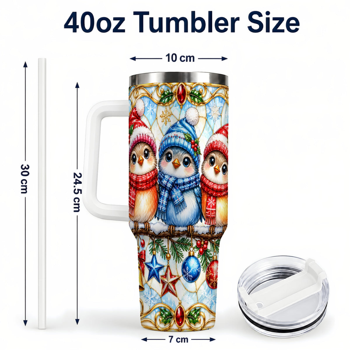 #pl[40oz|White] Christmas Owl 40oz Tumbler with Handle, Winter Bird Travel Cup