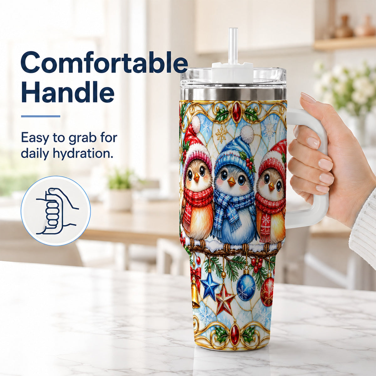 #pl[40oz|White] Christmas Owl 40oz Tumbler with Handle, Winter Bird Travel Cup