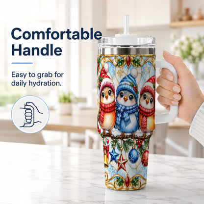 #pl[40oz|White] Christmas Owl 40oz Tumbler with Handle, Winter Bird Travel Cup
