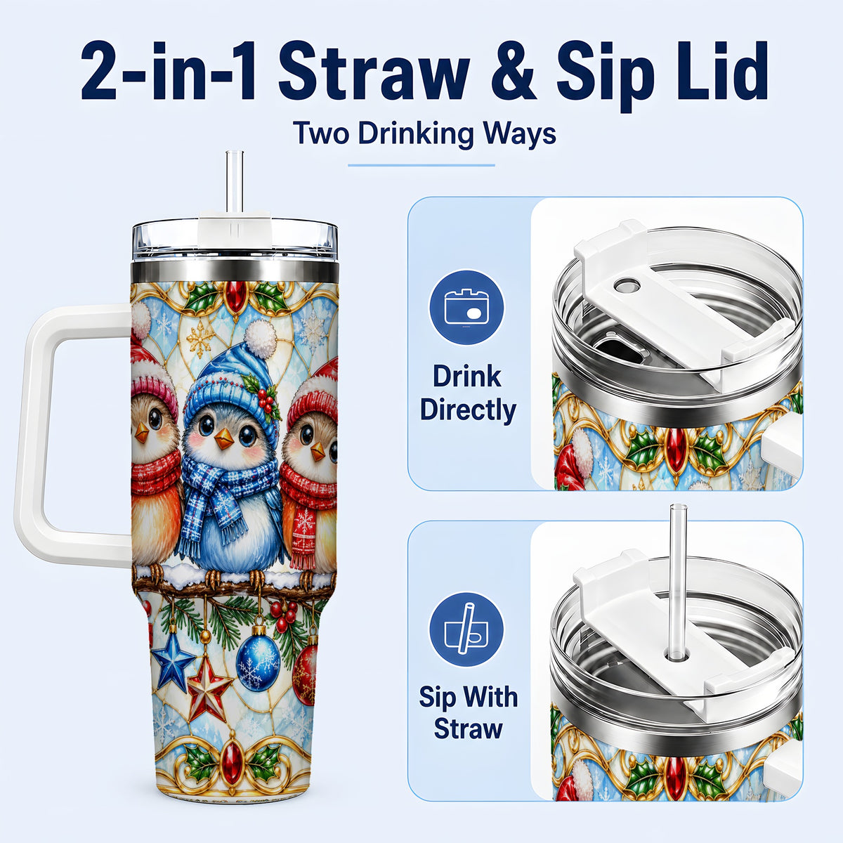 #pl[40oz|White] Christmas Owl 40oz Tumbler with Handle, Winter Bird Travel Cup