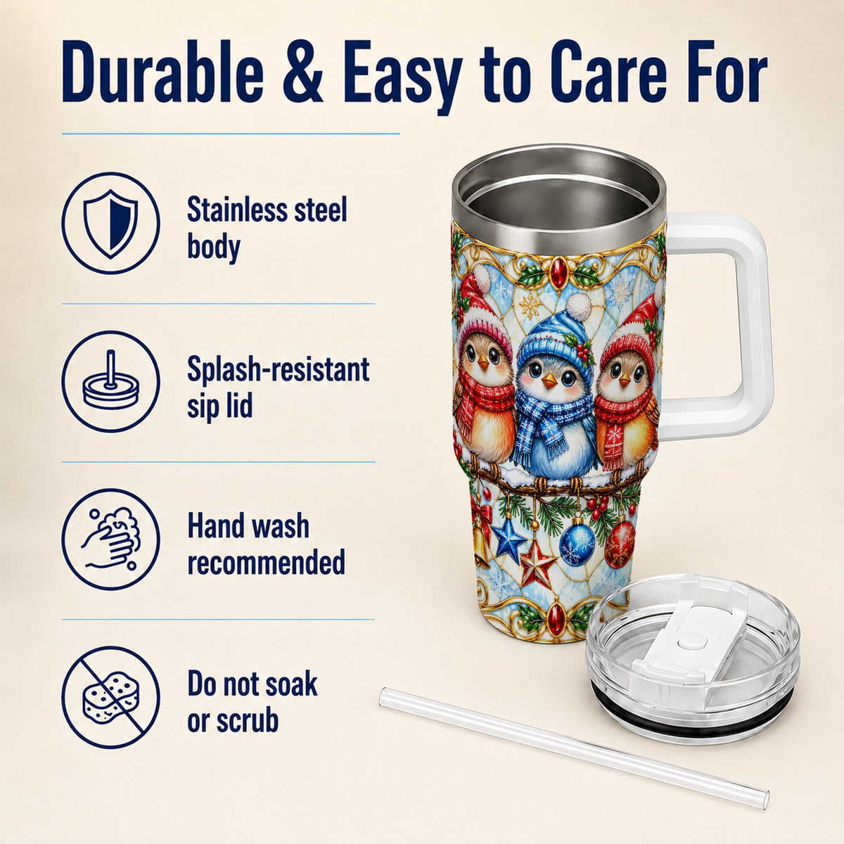 Christmas Owl 40oz Tumbler with Handle, Winter Bird Travel Cup