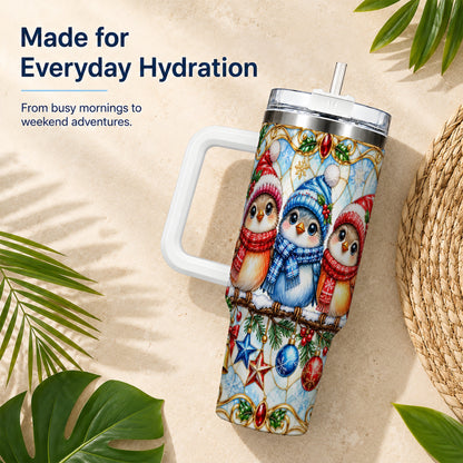 Christmas Owl 40oz Tumbler with Handle, Winter Bird Travel Cup