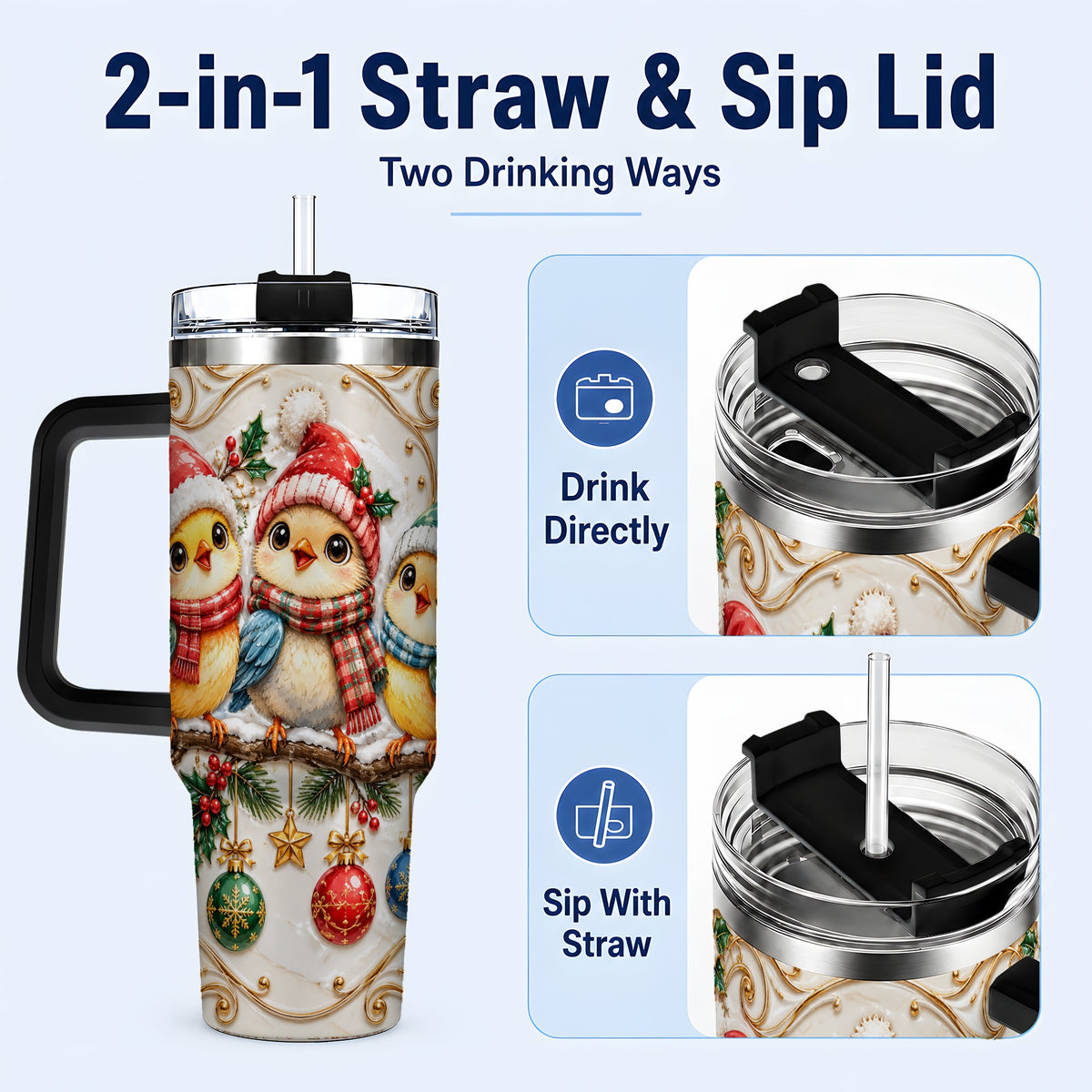 #pl[40oz|Black] Christmas Chick 40oz Tumbler with Handle, Winter Bird Travel Cup