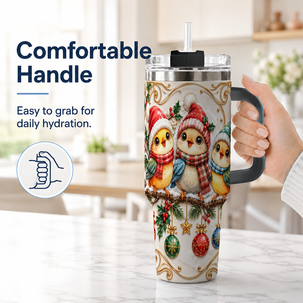 #pl[40oz|Black] Christmas Chick 40oz Tumbler with Handle, Winter Bird Travel Cup
