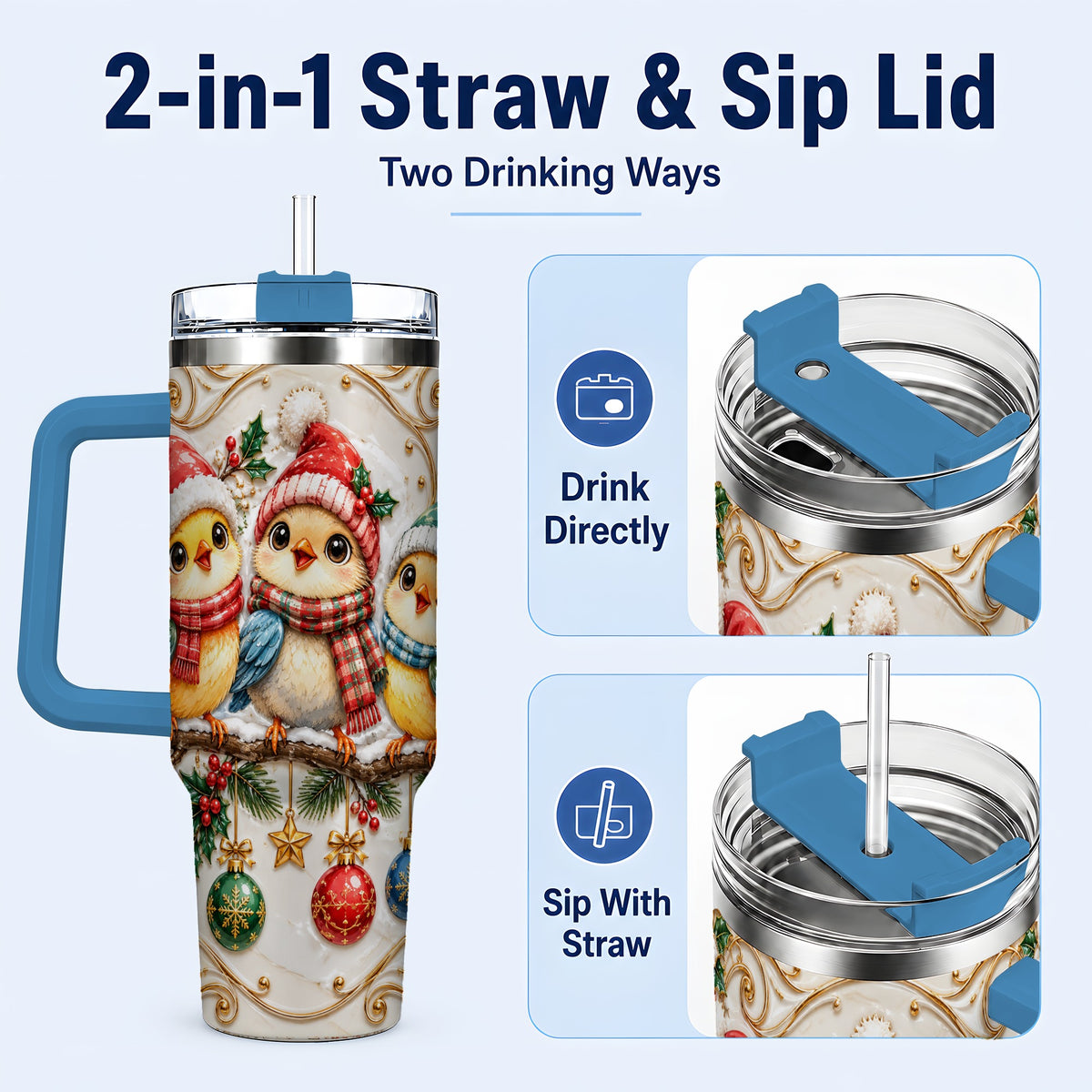 #pl[40oz|Blue] Christmas Chick 40oz Tumbler with Handle, Winter Bird Travel Cup