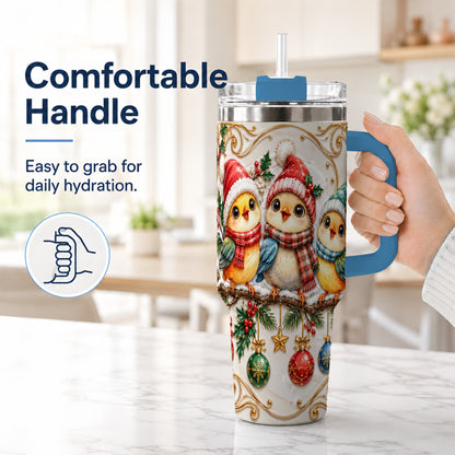#pl[40oz|Blue] Christmas Chick 40oz Tumbler with Handle, Winter Bird Travel Cup