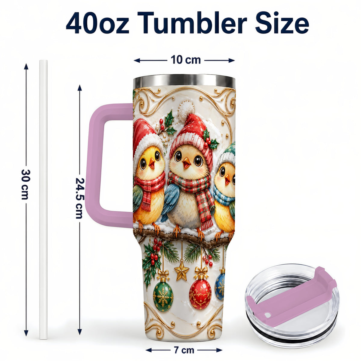 #pl[40oz|Pink] Christmas Chick 40oz Tumbler with Handle, Winter Bird Travel Cup