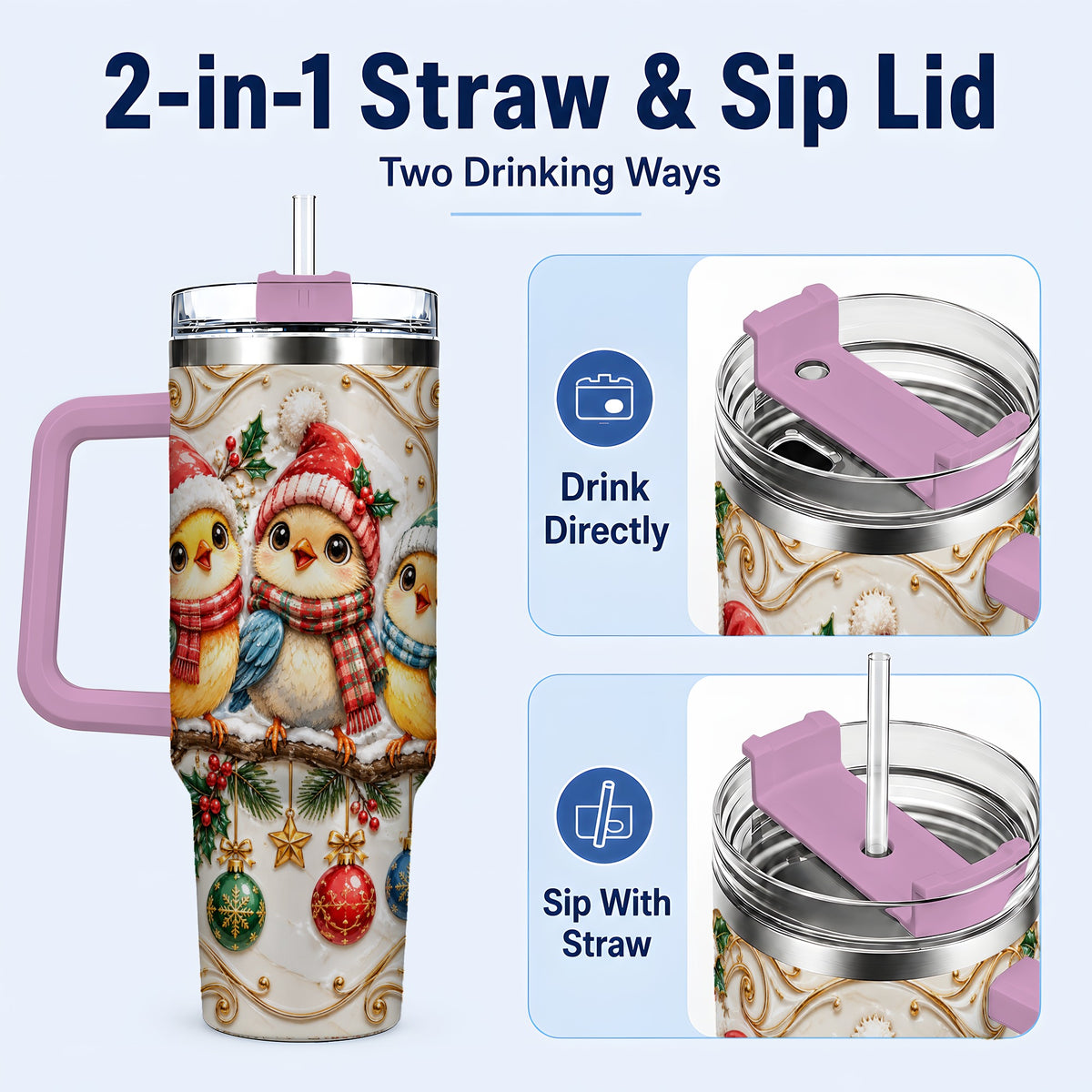 #pl[40oz|Pink] Christmas Chick 40oz Tumbler with Handle, Winter Bird Travel Cup