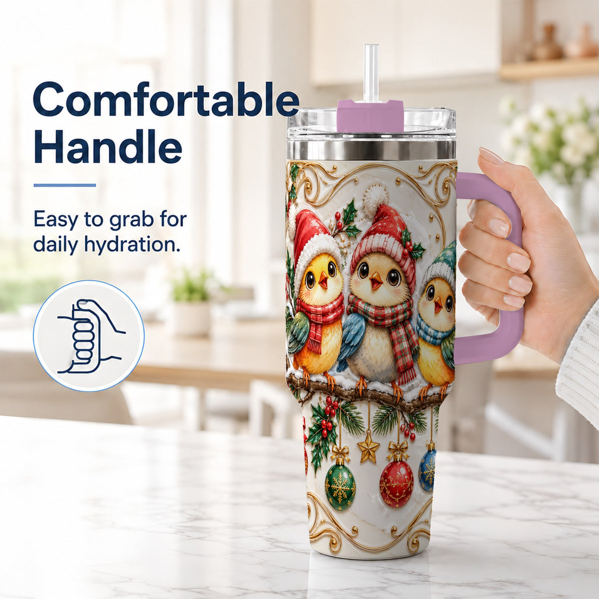 #pl[40oz|Pink] Christmas Chick 40oz Tumbler with Handle, Winter Bird Travel Cup