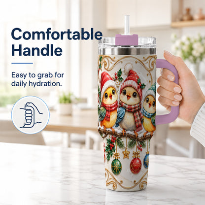 #pl[40oz|Pink] Christmas Chick 40oz Tumbler with Handle, Winter Bird Travel Cup
