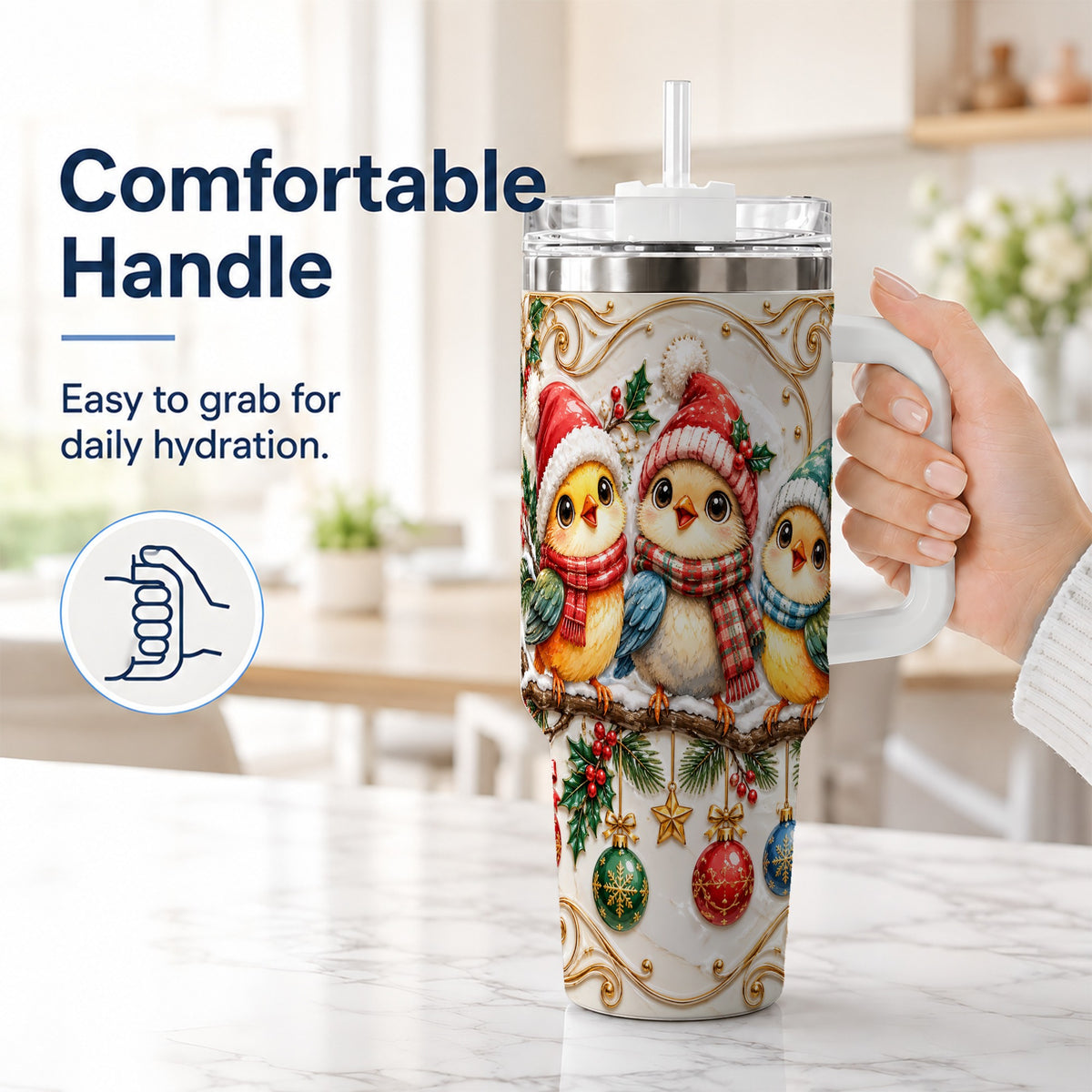 #pl[40oz|White] Christmas Chick 40oz Tumbler with Handle, Winter Bird Travel Cup