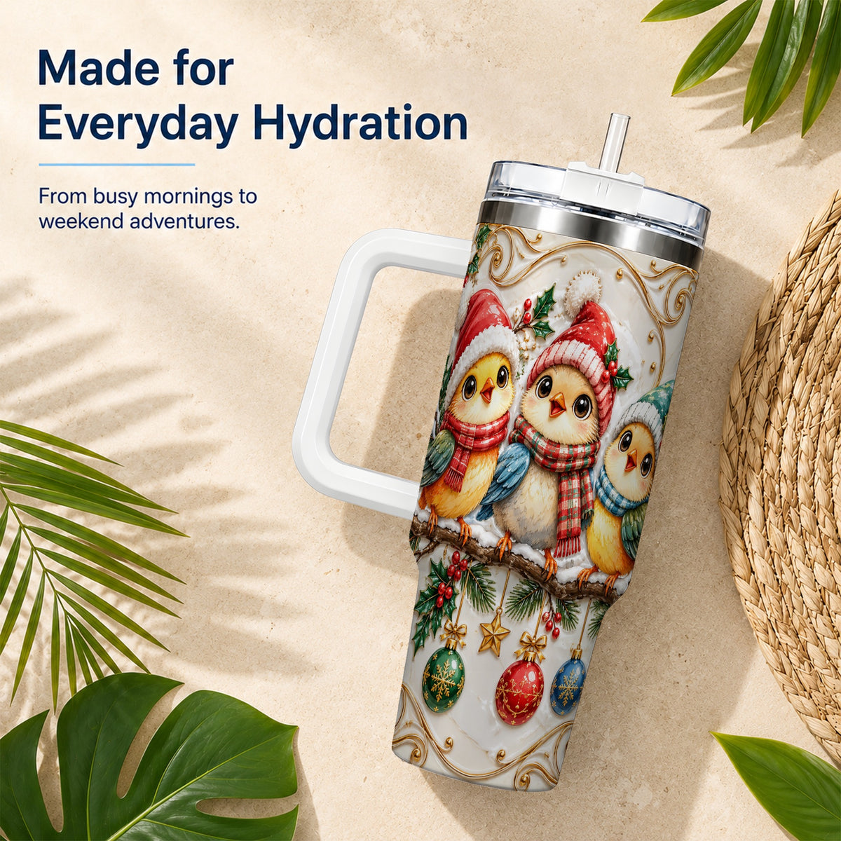 Christmas Chick 40oz Tumbler with Handle, Winter Bird Travel Cup