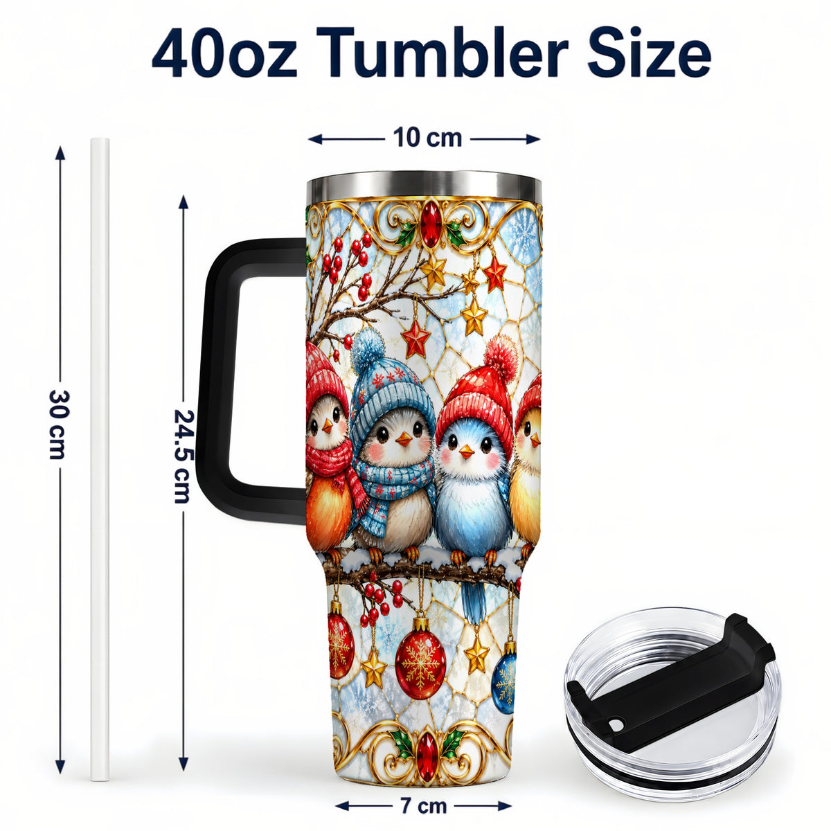 #pl[40oz|Black] Christmas Bird 40oz Tumbler with Handle, Winter Songbird Travel Cup