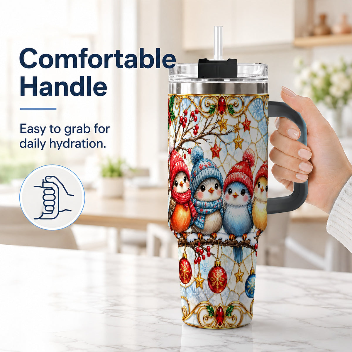 #pl[40oz|Black] Christmas Bird 40oz Tumbler with Handle, Winter Songbird Travel Cup