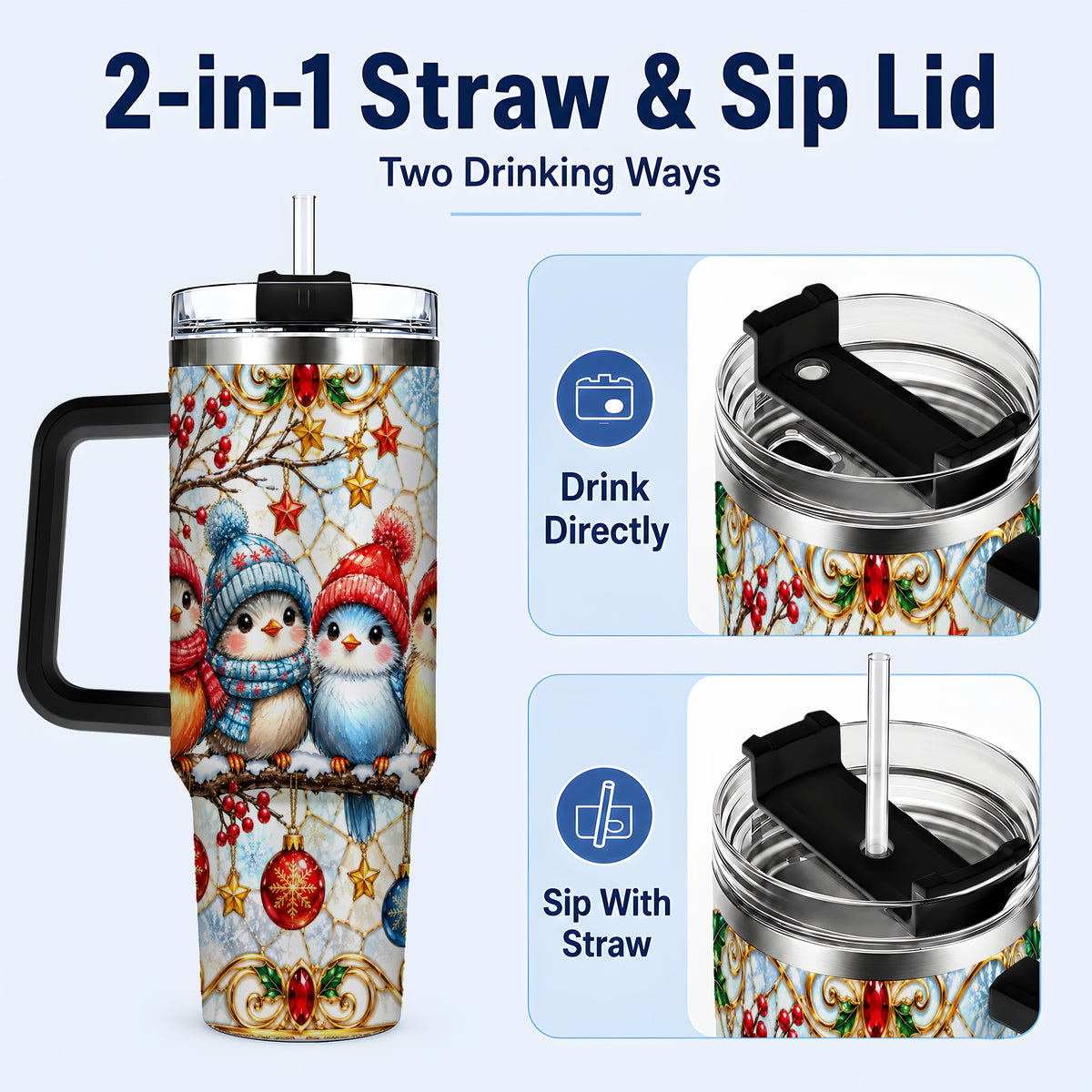 #pl[40oz|Black] Christmas Bird 40oz Tumbler with Handle, Winter Songbird Travel Cup