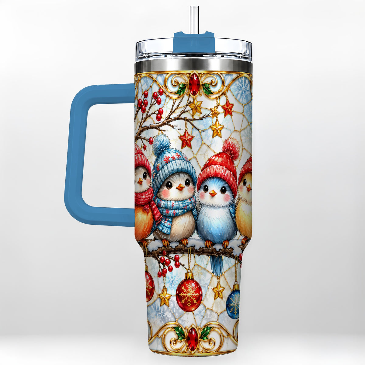 #pl[40oz|Blue] Christmas Bird 40oz Tumbler with Handle, Winter Songbird Travel Cup