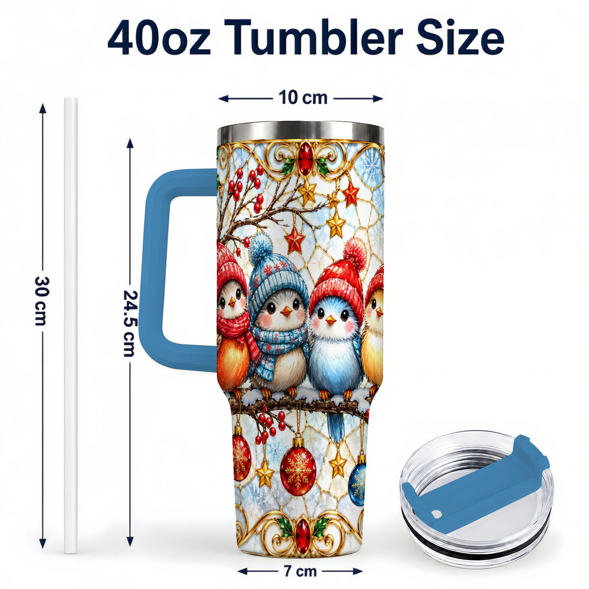 #pl[40oz|Blue] Christmas Bird 40oz Tumbler with Handle, Winter Songbird Travel Cup
