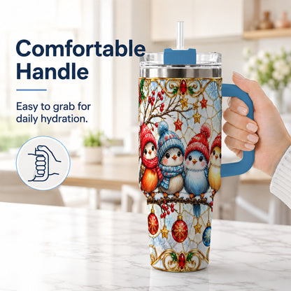 #pl[40oz|Blue] Christmas Bird 40oz Tumbler with Handle, Winter Songbird Travel Cup
