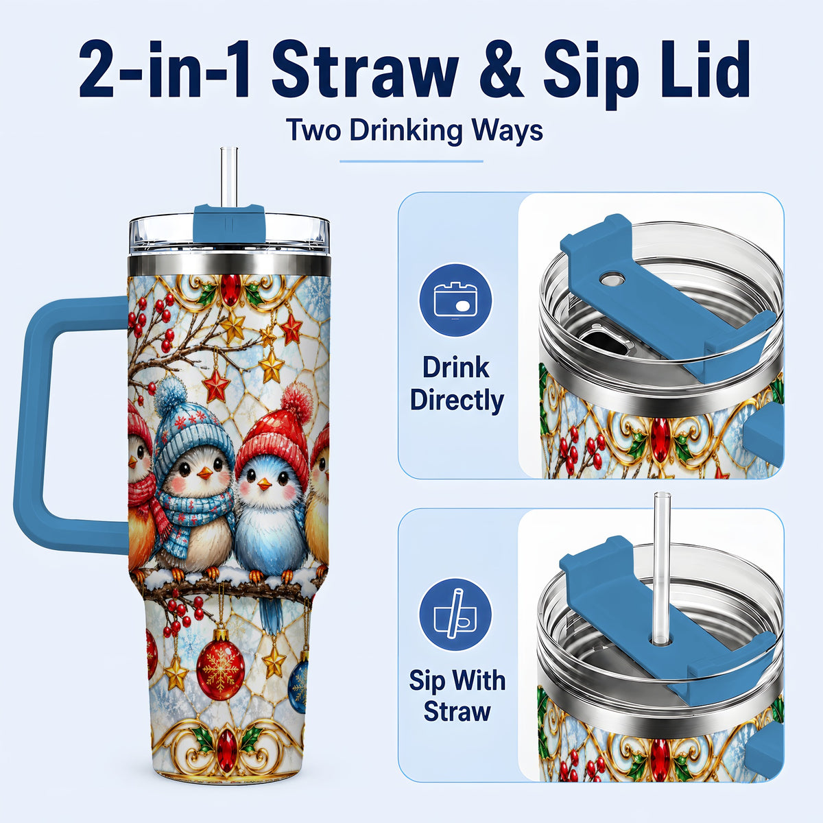 #pl[40oz|Blue] Christmas Bird 40oz Tumbler with Handle, Winter Songbird Travel Cup