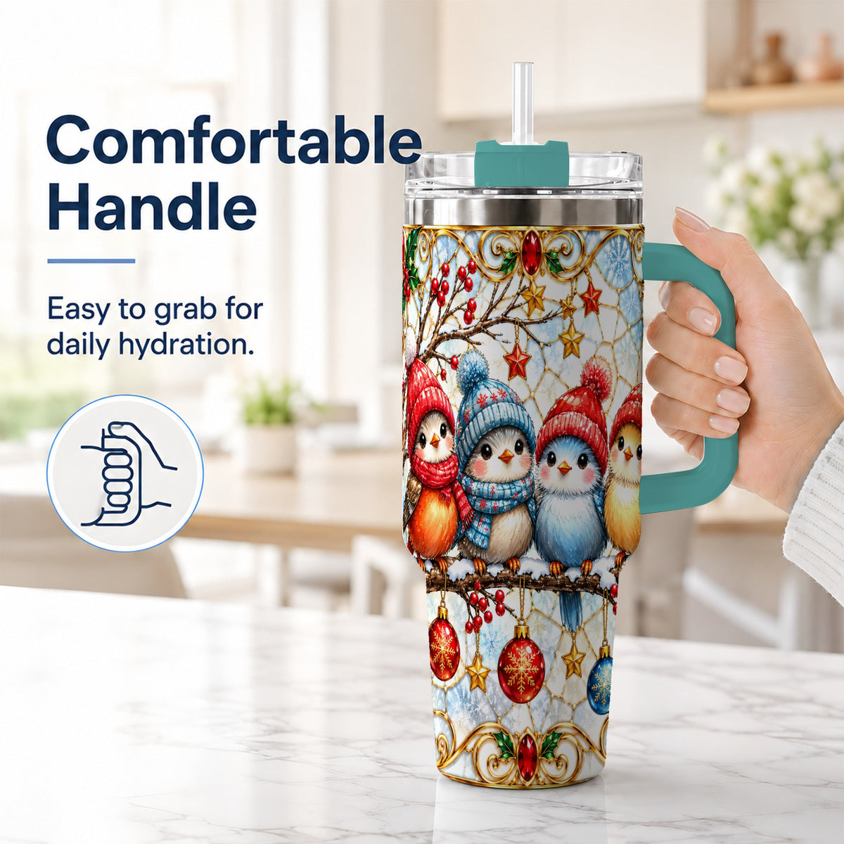 #pl[40oz|Green] Christmas Bird 40oz Tumbler with Handle, Winter Songbird Travel Cup