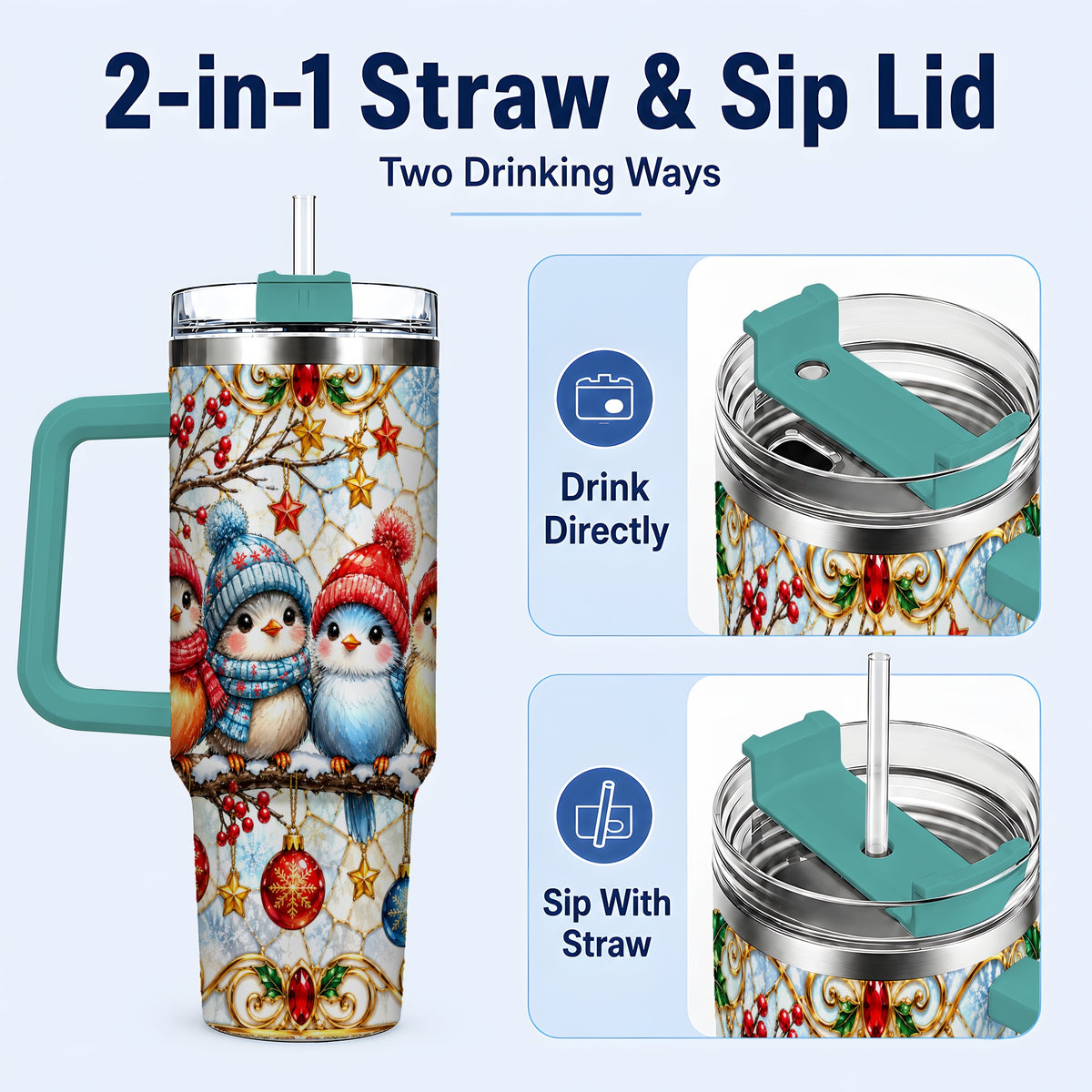#pl[40oz|Green] Christmas Bird 40oz Tumbler with Handle, Winter Songbird Travel Cup