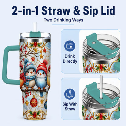 #pl[40oz|Green] Christmas Bird 40oz Tumbler with Handle, Winter Songbird Travel Cup