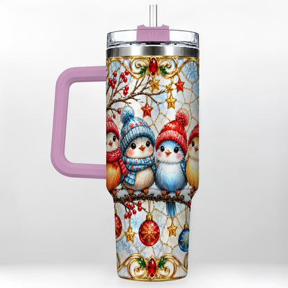 #pl[40oz|Pink] Christmas Bird 40oz Tumbler with Handle, Winter Songbird Travel Cup