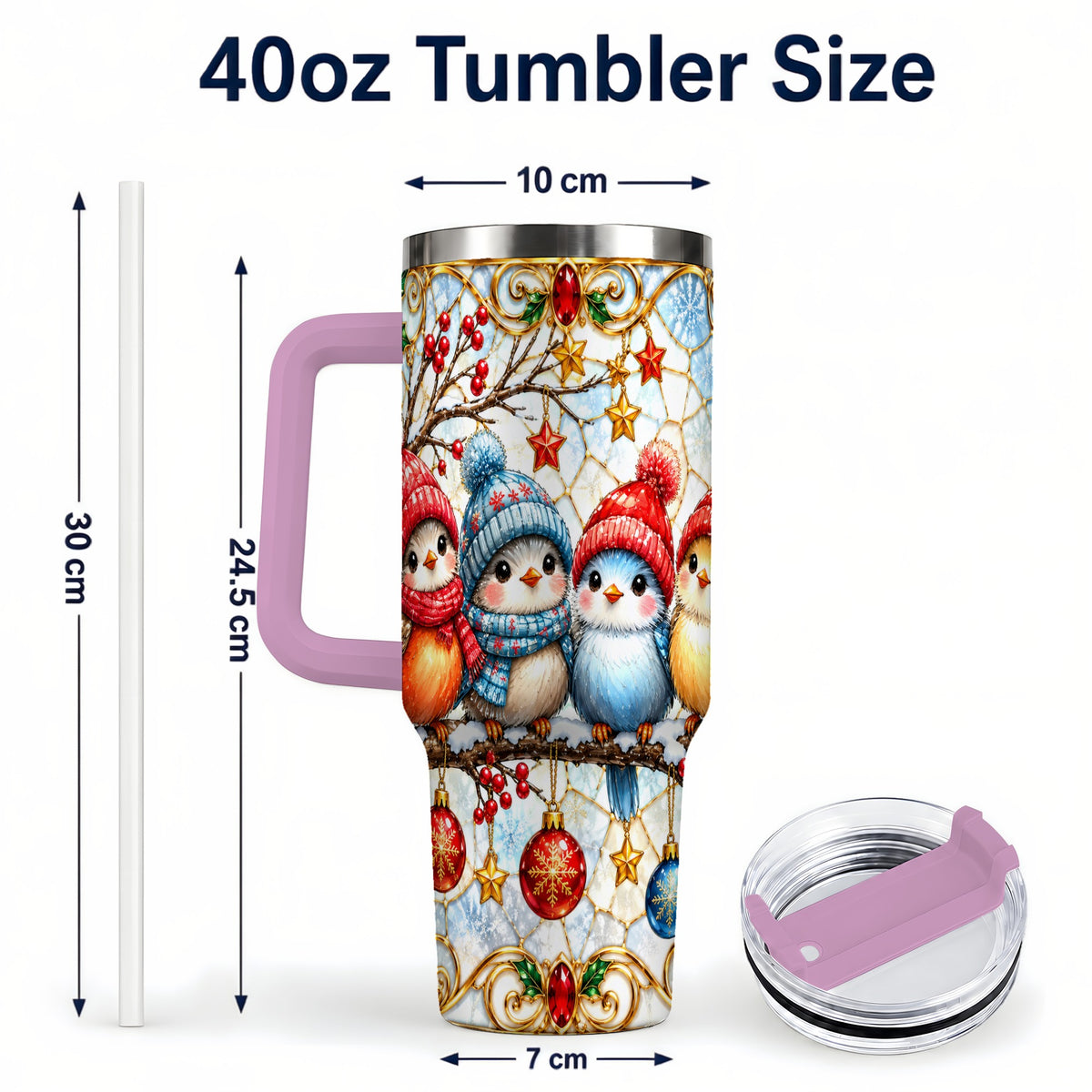 #pl[40oz|Pink] Christmas Bird 40oz Tumbler with Handle, Winter Songbird Travel Cup