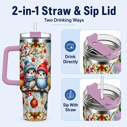 #pl[40oz|Pink] Christmas Bird 40oz Tumbler with Handle, Winter Songbird Travel Cup