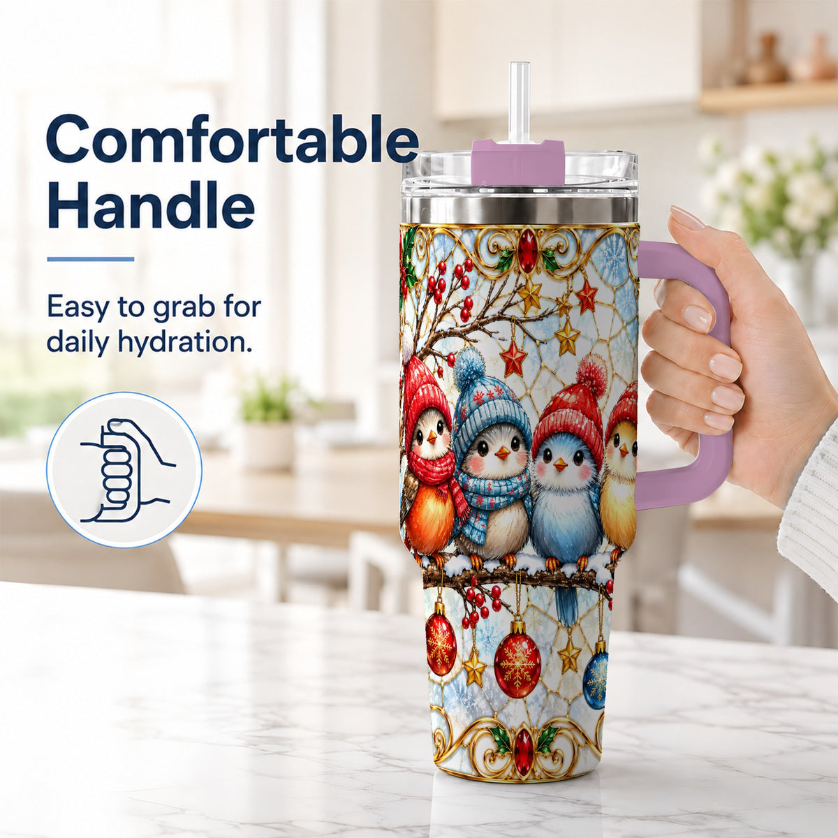 #pl[40oz|Pink] Christmas Bird 40oz Tumbler with Handle, Winter Songbird Travel Cup