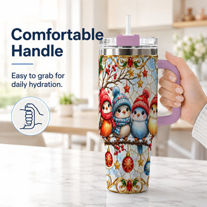 #pl[40oz|Pink] Christmas Bird 40oz Tumbler with Handle, Winter Songbird Travel Cup