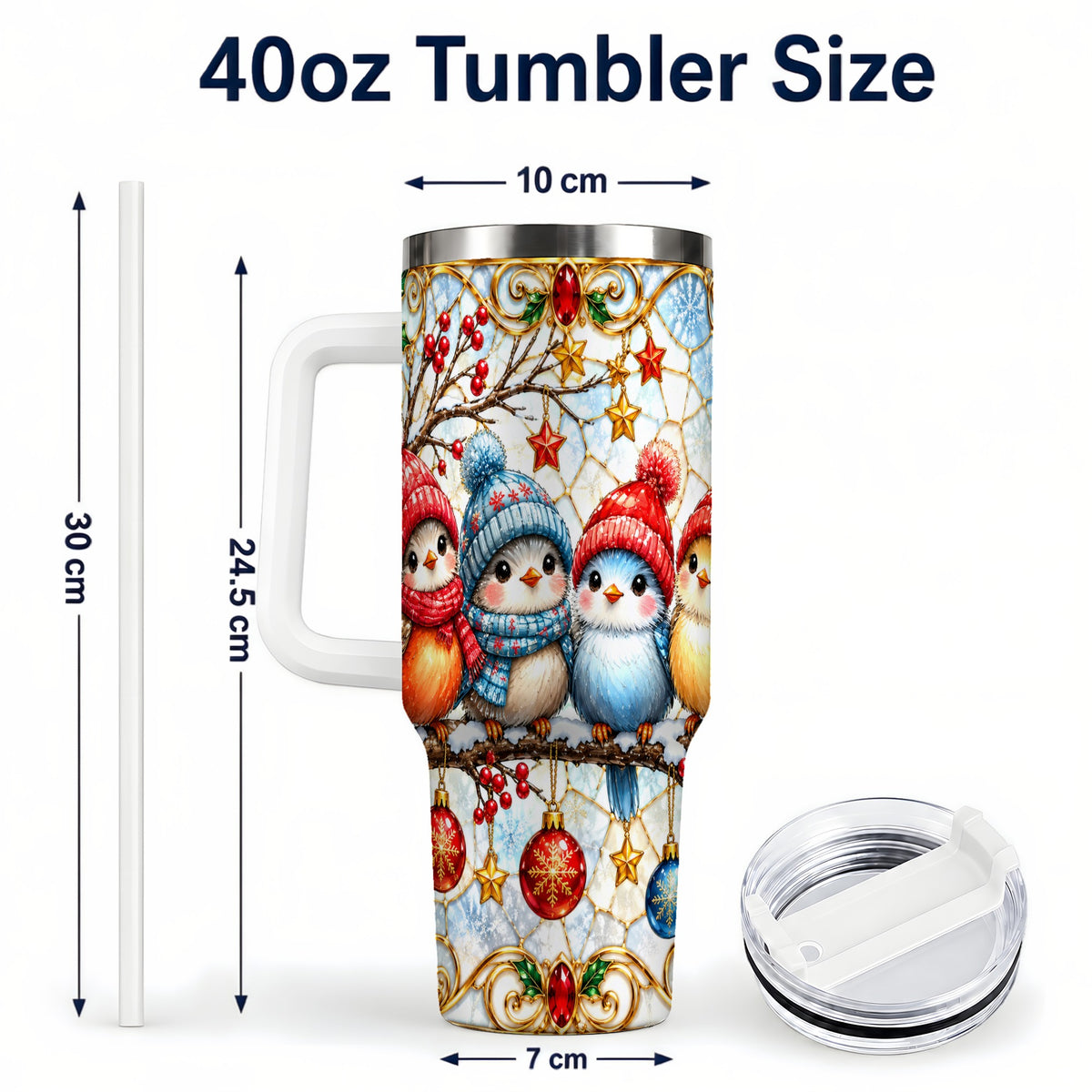 #pl[40oz|White] Christmas Bird 40oz Tumbler with Handle, Winter Songbird Travel Cup