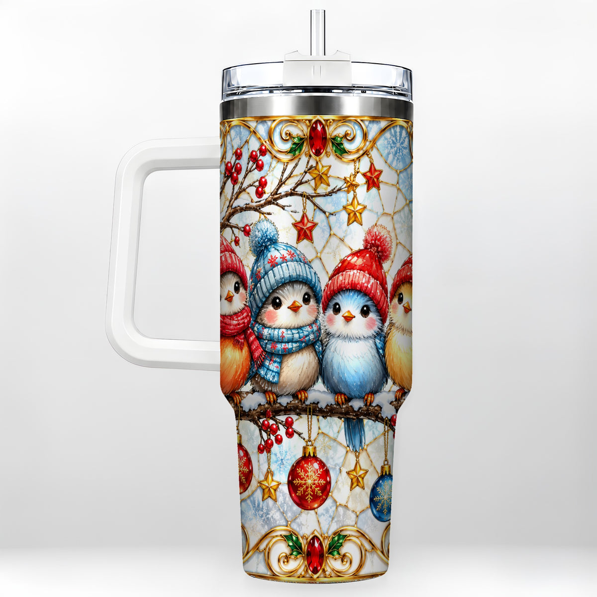 Christmas Bird 40oz Tumbler with Handle, Winter Songbird Travel Cup