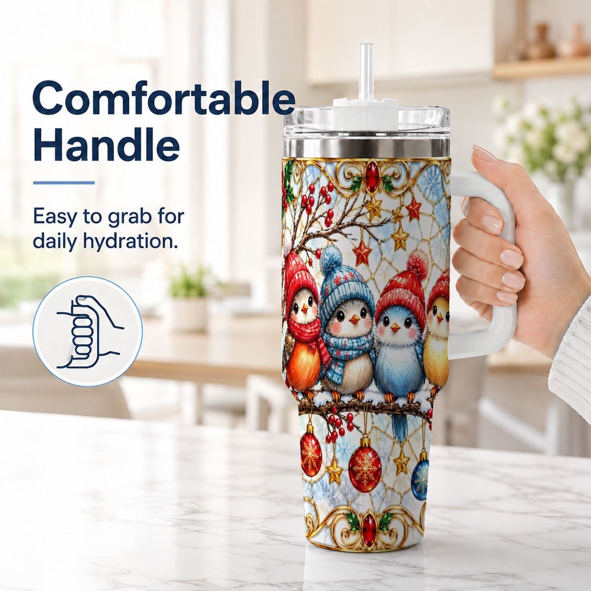 #pl[40oz|White] Christmas Bird 40oz Tumbler with Handle, Winter Songbird Travel Cup