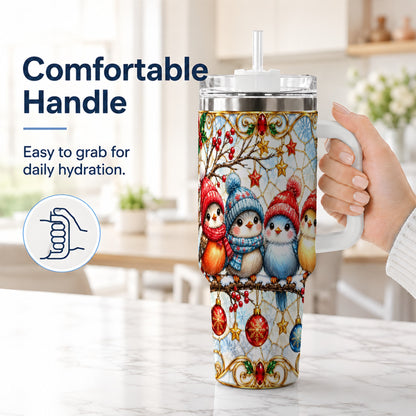 #pl[40oz|White] Christmas Bird 40oz Tumbler with Handle, Winter Songbird Travel Cup