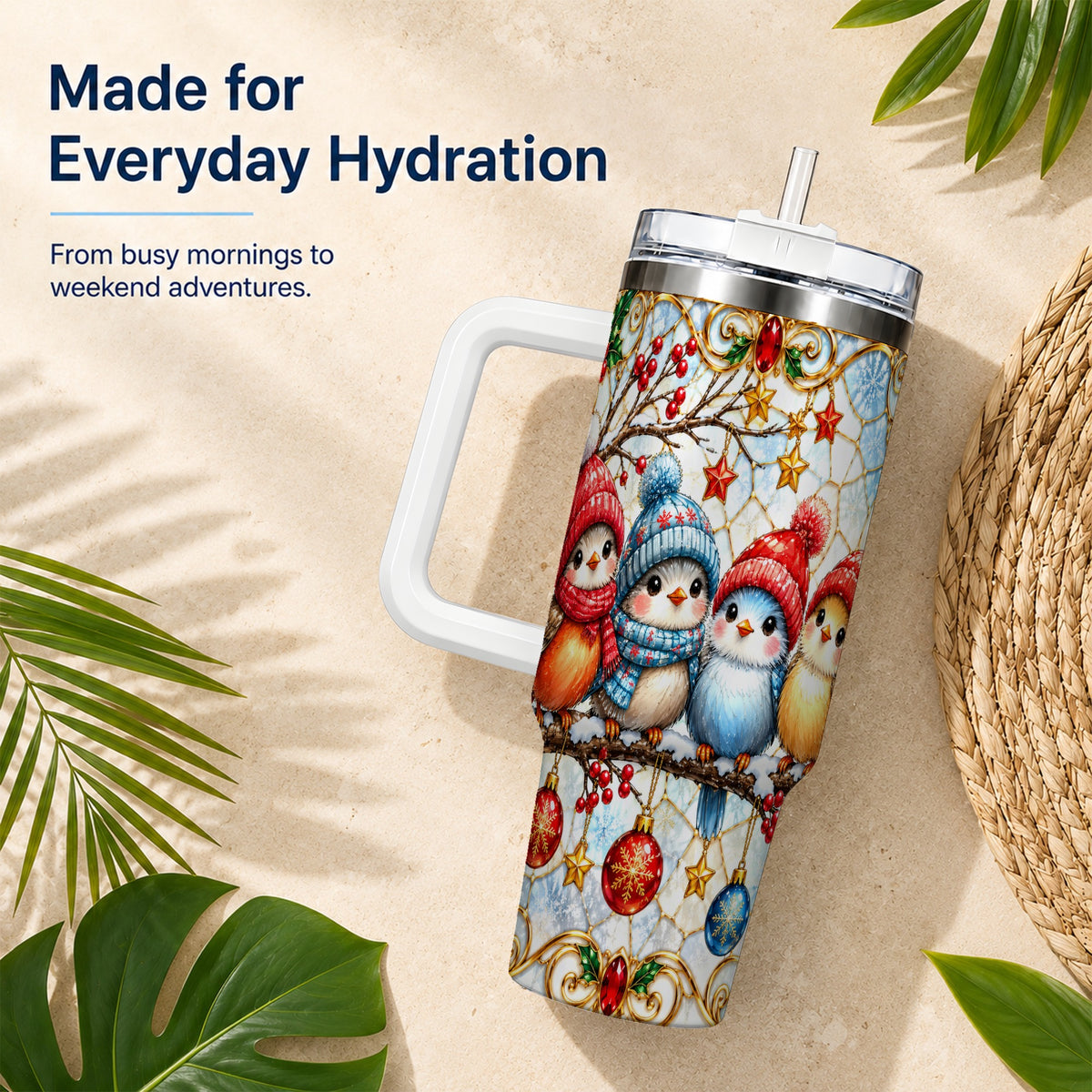 Christmas Bird 40oz Tumbler with Handle, Winter Songbird Travel Cup
