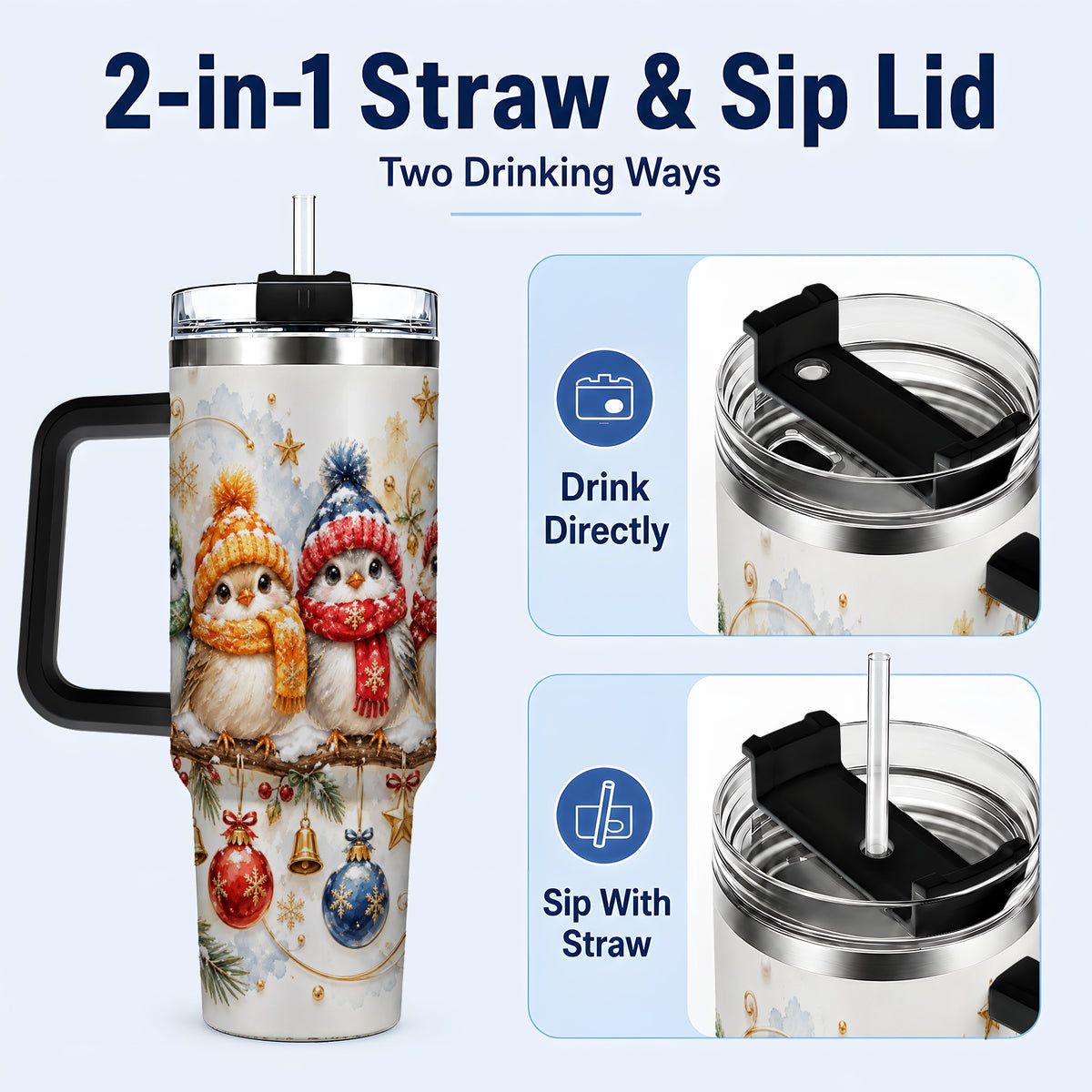 #pl[40oz|Black] Winter Bird 40oz Tumbler with Handle, Cozy Songbird Travel Cup