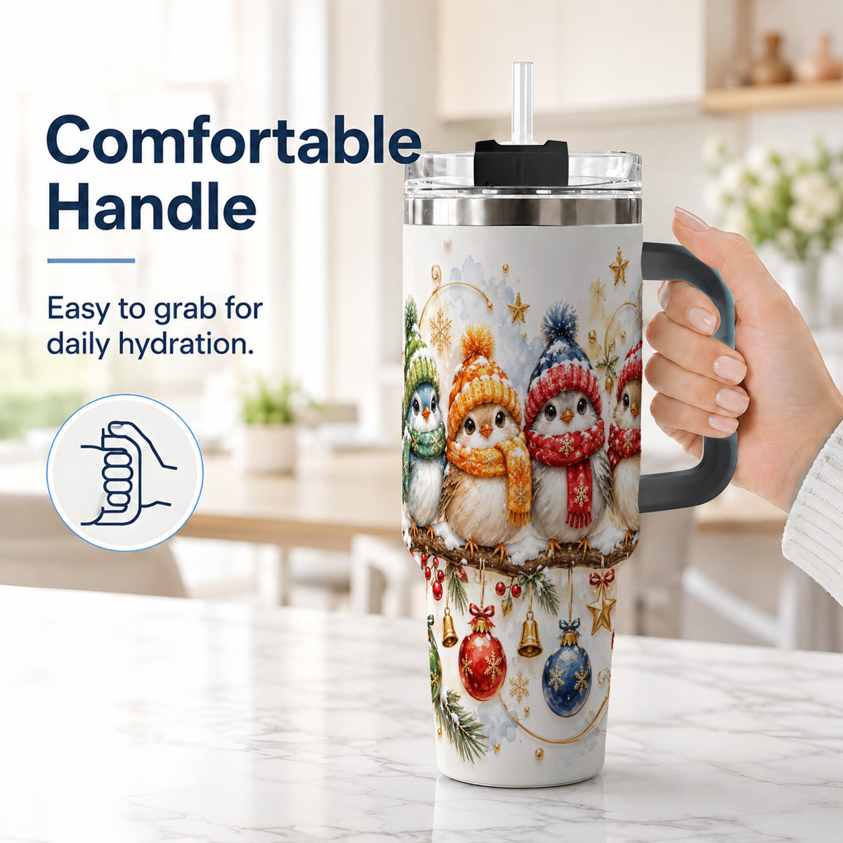 #pl[40oz|Black] Winter Bird 40oz Tumbler with Handle, Cozy Songbird Travel Cup
