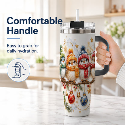 #pl[40oz|Black] Winter Bird 40oz Tumbler with Handle, Cozy Songbird Travel Cup