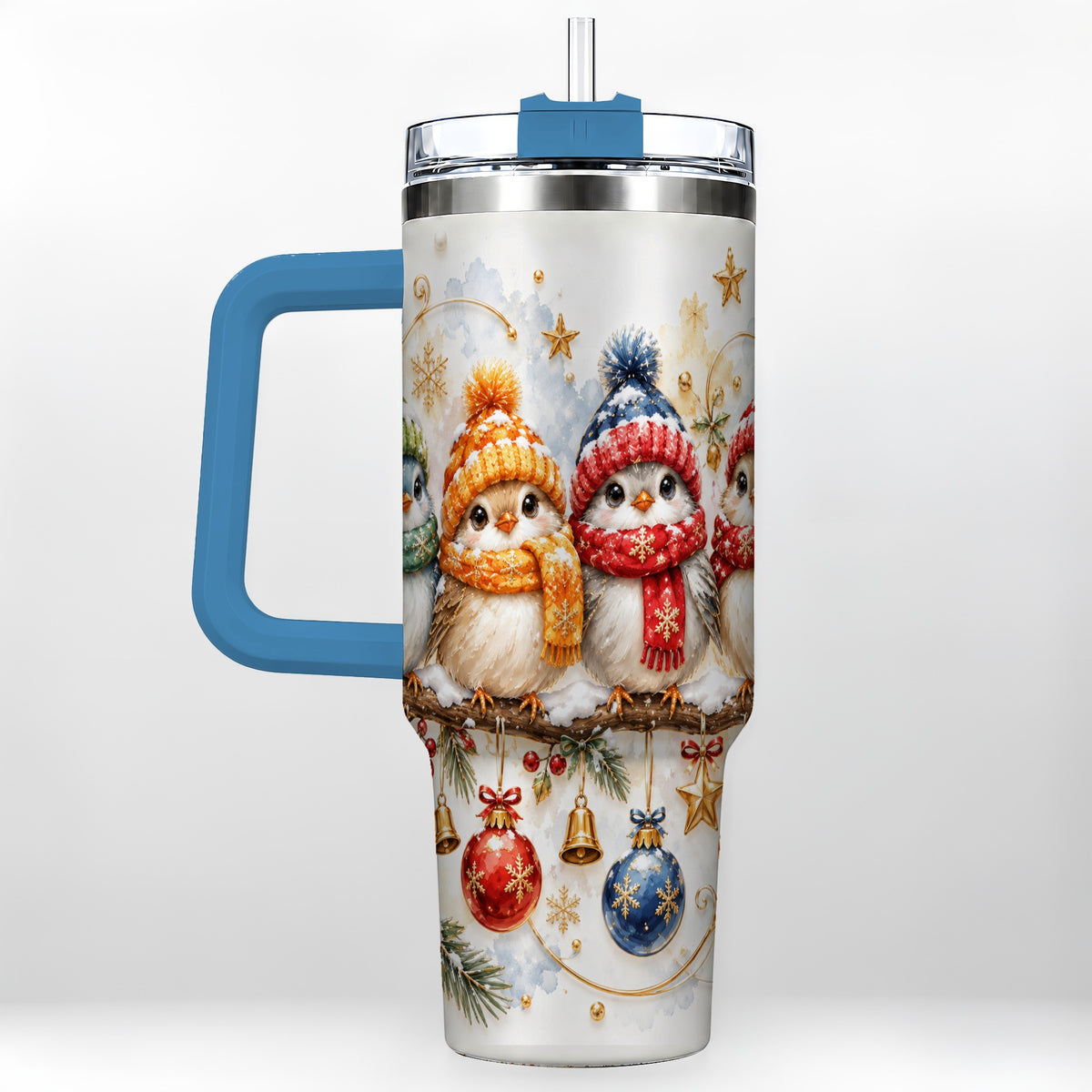 #pl[40oz|Blue] Winter Bird 40oz Tumbler with Handle, Cozy Songbird Travel Cup