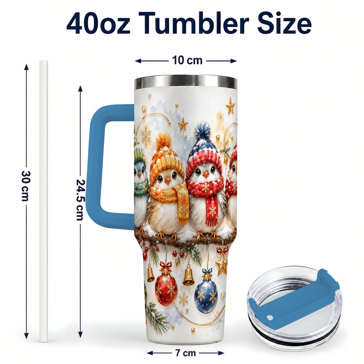 #pl[40oz|Blue] Winter Bird 40oz Tumbler with Handle, Cozy Songbird Travel Cup